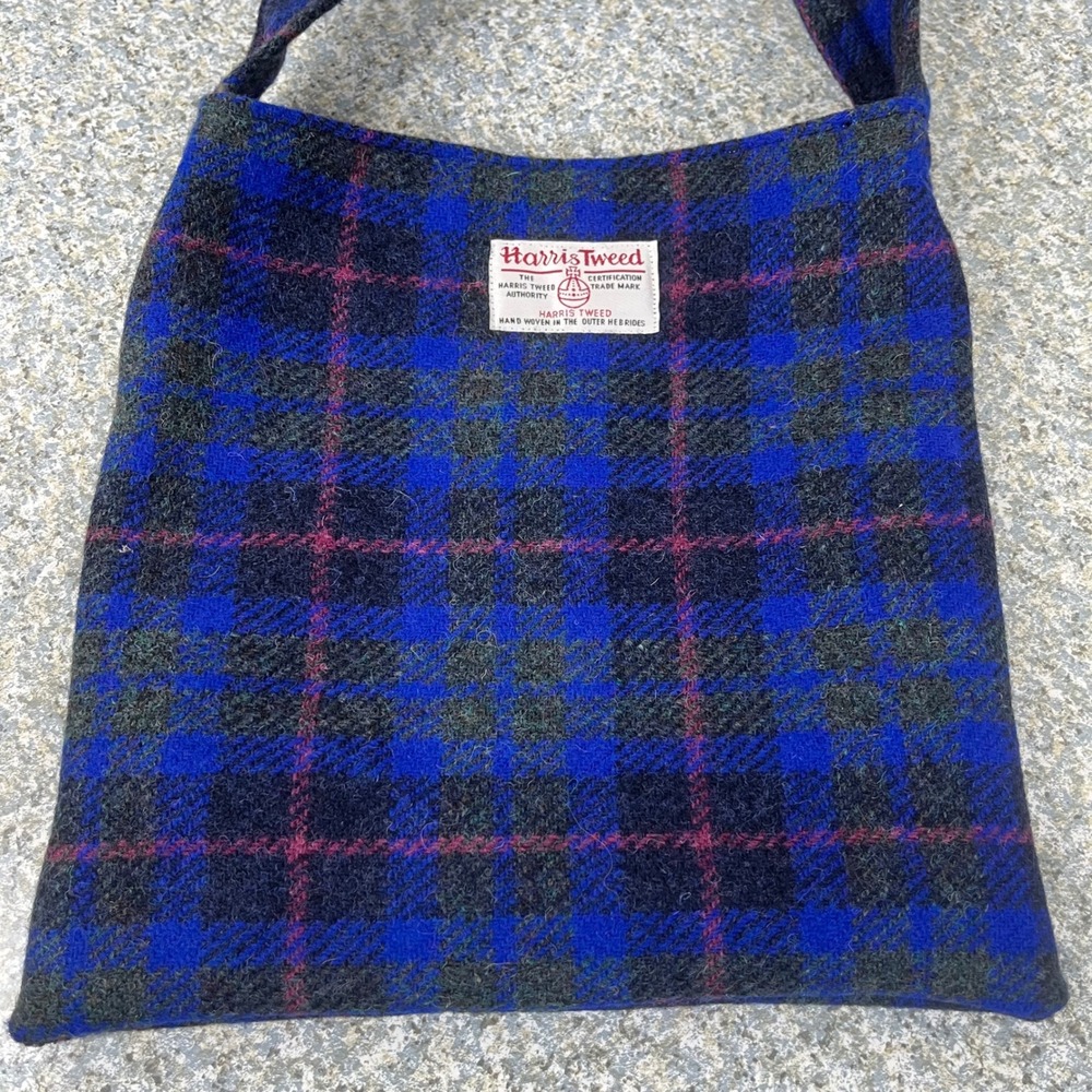 Harris Tweed Shoulder Bag Blue Plaid Wool Owl Lining Crossbody Magnetic Closure